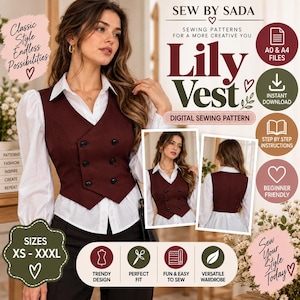 Puede incluir: Un patrón de costura digital para un chaleco color burdeos de doble botonadura titulado Lily Vest de Sew By Sada. El patrón incluye archivos A0 y A4, descarga instantánea, instrucciones paso a paso y es apto para principiantes en tallas XS a XXXL.
