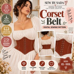 Puede incluir: Un patrón de costura digital para un cinturón tipo corsé marrón con costuras blancas y ojales metálicos. La imagen muestra el texto Sew By Sada, Corset Belt, e incluye iconos para archivos A0 y A4, descarga instantánea e instrucciones.