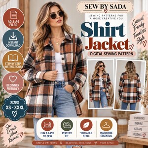 Pode incluir: Um molde de costura digital para uma sobrecamisa da Sew By Sada. O design apresenta um padrão xadrez em castanho, preto e branco com gola, mangas compridas e fecho de botões. Inclui ficheiros A0 e A4, instruções passo a passo e tamanhos XS-XXXL.