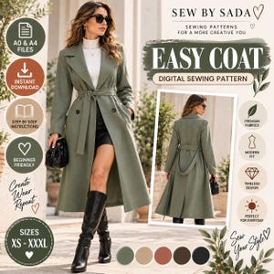 Può includere: Un trench verde salvia con cintura da annodare, colletto a revers e due bottoni, mostrato in una pubblicità di cartamodelli digitali intitolata Sew By Sada Easy Coat. Il modello include file A0 e A4, istruzioni passo dopo passo e taglie dalla XS alla XXXL.