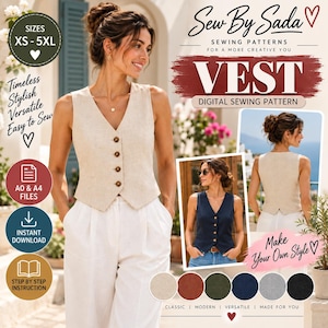 May include: A digital sewing pattern for a vest by Sew By Sada, featuring a V-neck design with four front buttons. The image displays a beige vest on a model, a navy blue version, and a back view, with text indicating sizes XS-5XL and A0/A4 files.