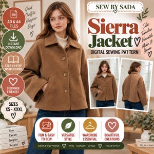 May include: A brown jacket with a collar, long sleeves, and three front buttons. The digital sewing pattern advertisement features the text SEW BY SADA, Sierra Jacket, and includes images of the jacket from the front and back views.