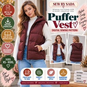 Puede incluir: Un patrón de costura digital para un chaleco acolchado con capucha color granate de Sew By Sada. La imagen muestra el chaleco en un modelo, con vistas frontal y trasera, y texto sobre archivos A0 y A4, instrucciones paso a paso y tallas XS-XXXL.
