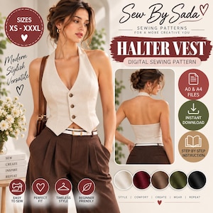 May include: A digital sewing pattern for a beige halter vest by Sew By Sada. The image displays the vest on a model from the front and back, featuring three buttons, a V-neckline, and an open back. Includes text for sizes XS-XXXL, A0 & A4 files.