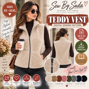 May include: A beige teddy vest digital sewing pattern by Sew By Sada. The vest features a high collar, a full-length front zip, and two front pockets. The pattern includes sizes XS-XXXL, A0 and A4 files, and step-by-step instructions.
