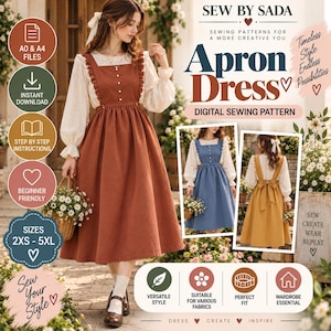 May include: A digital sewing pattern for an apron dress by Sew By Sada. The image displays a rust-colored apron dress with ruffled straps and white buttons, worn over a long-sleeved cream blouse. Includes text for A0 and A4 files, sizes 2XS-5XL.