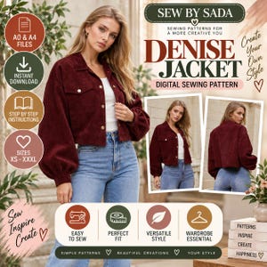 Puede incluir: Un patrón de costura digital para la chaqueta Denise de Sew By Sada. La imagen muestra una chaqueta de pana color burdeos con mangas largas, cuello y botones, presentada en una modelo y en dos fotos insertadas. Incluye texto descriptivo.