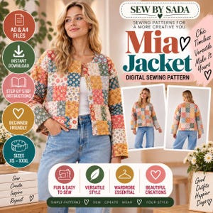 May include: A digital sewing pattern for the Mia Jacket by Sew By Sada. The image displays a patchwork jacket with a floral pattern in shades of blue, orange, and white, shown on a model from the front and back. Text includes A0 & A4 files, instant download, step-by-step instructions, and sizes XS-XXXL.