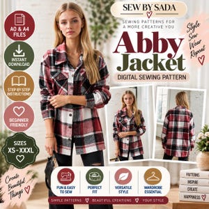May include: A digital sewing pattern for the Abby Jacket, featuring a red, black, and white plaid shirt-jacket. The image includes text labels for A0 and A4 files, instant download, step-by-step instructions, and sizes ranging from XS to XXXL.