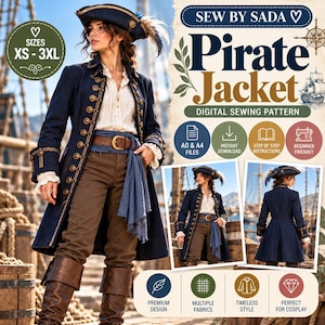 Peut inclure: Un patron de couture numérique pour une veste de pirate par Sew By Sada, disponible en tailles XS-3XL. Le modèle comprend un long manteau bleu marine à boutons dorés, une chemise blanche, un pantalon marron, une écharpe bleue et un tricorne à plumes.