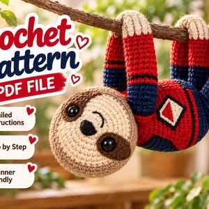 Superhero Sloth Amigurumi Crochet Pattern PDF, Hanging Plush Toy (Digital Download)