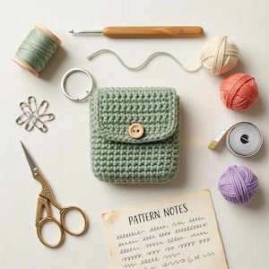 May include: A sage green crocheted pouch with a wooden button closure and a metal keyring, surrounded by a bamboo crochet hook, a spool of green thread, silver safety pins, yarn balls in cream, coral, and purple, scissors, and a note labelled PATTERN NOTES.