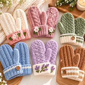 May include: A collection of six pairs of crocheted mittens in various colors including cream, pink, green, blue, lavender, and brown. Each pair features unique textures, ribbed cuffs, and decorative elements like small flowers, lavender sprigs, or wooden buttons.