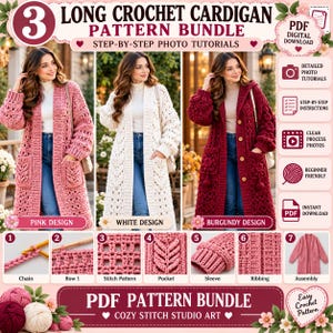 3 Long Crochet Cardigan Patterns Bundle, Pink White Burgundy (PDF)