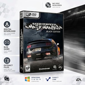 May include: A PC DVD-ROM game case for Need for Speed Most Wanted Black Edition featuring a dark sports car on the cover. The packaging includes text for digital download, run game, extract files, and system compatibility for Windows 7, 8, 10, and 11.