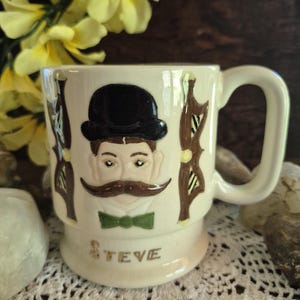 Vintage Ceramic Mustache Cup, 1983, Steve Initials