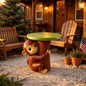 May include: A decorative side table featuring a brown monkey sculpture hugging a tree trunk base that supports a round, flat, lime green tabletop. The monkey has large, dark eyes, a light brown face, and textured fur details on its body.
