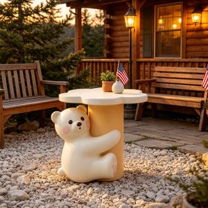 May include: A cream-colored side table featuring a sculpted bear base with pink cheeks and paw pads. The table has a flower-shaped top and a cylindrical support column. A small potted green plant and a miniature American flag sit on the tabletop.