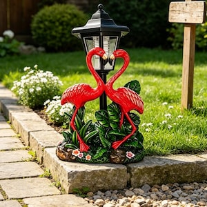 May include: A black outdoor lantern light fixture featuring two bright red flamingo figures facing each other. The base is decorated with sculpted green tropical leaves and small white and pink flowers, creating a decorative garden accent piece.