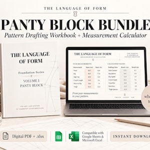 May include: A Panty Block Bundle featuring a white workbook titled The Language of Form Volume I Panty Block and a laptop displaying a measurement calculator. Includes a measuring tape, a pencil, and a sheet with technical pattern drafting lines.