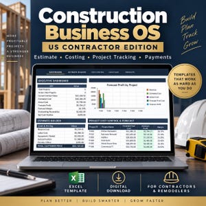 May include: A laptop screen displaying the Construction Business OS US Contractor Edition software. The interface shows an executive dashboard with project KPIs, a profit forecast bar chart, an estimate builder, and project cost control tables.