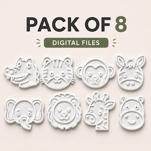 May include: A pack of 8 digital files featuring white, embossed-style illustrations of animal faces including a crocodile, tiger, monkey, zebra, elephant, lion, giraffe, and hippo. The text PACK OF 8 DIGITAL FILES is displayed at the top.