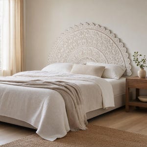 Peut inclure: Une tête de lit semi-circulaire blanc cassé présentant des motifs floraux et de pétales sculptés complexes. La tête de lit est placée derrière un lit habillé de linge de maison aux tons neutres, incluant un jeté texturé et deux oreillers blancs.
