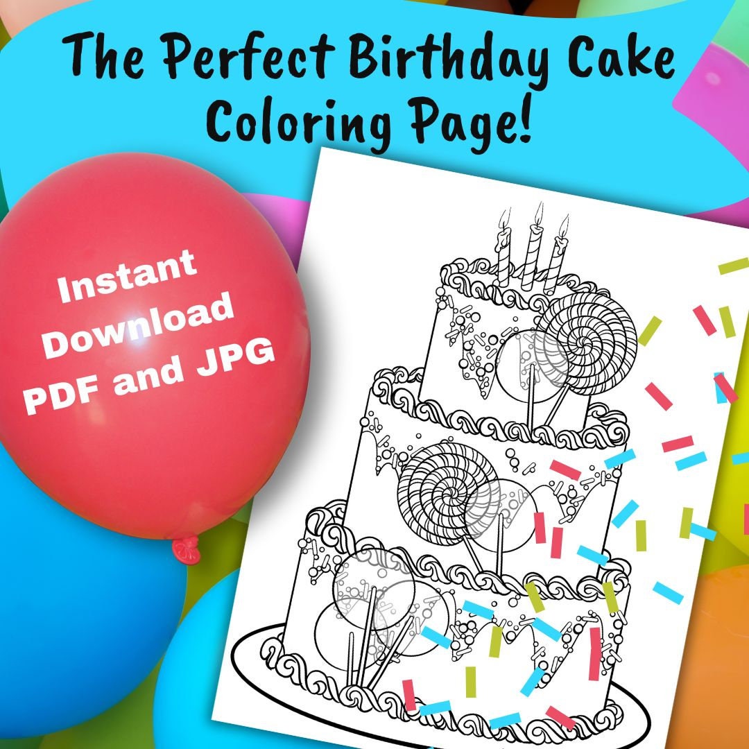 Happy Birthday Cake Printable Coloring Page Instant Download JPG and ...