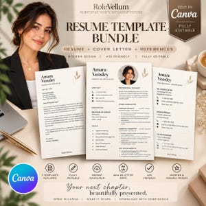 Könnte beinhalten: Ein Lebenslauf-Vorlagenpaket mit Anschreiben, Lebenslauf und Referenzdokumenten. Die Seiten zeigen den Namen Amara Vensley, den Text Marketing Specialist und Kontaktdaten. Das Design umfasst eine neutrale Farbpalette, Serifenschriften und ein Canva-Logo.