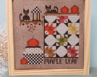 Maple Leaf - quilt kruissteekpatroon - Instant pdf-download - herfst, pompoenen, kat