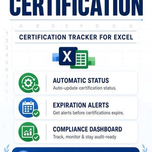 May include: A digital certification tracker for Excel featuring the text NEVER MISS A CERTIFICATION and CERTIFICATION TRACKER FOR EXCEL. It includes icons for automatic status, expiration alerts, and a compliance dashboard with a download button.