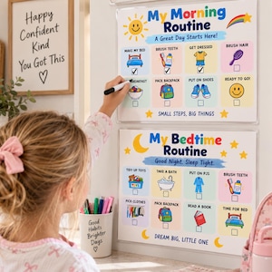 May include: Two laminated charts titled My Morning Routine and My Bedtime Routine featuring colorful icons and checkboxes for daily tasks. The charts include text like A Great Day Starts Here and Good Night. Sleep Tight with various illustrations.