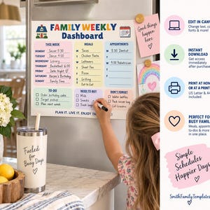 May include: A magnetic family weekly dashboard planner with colorful sections for meals, appointments, to-do lists, and reminders. The chart features headers like This Week, Meals, Appointments, To-Do, Need to Buy, and Don't Forget, with handwritten text entries.
