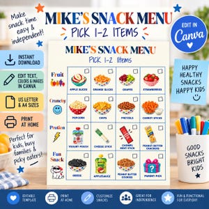 May include: A printable snack menu chart titled Mike's Snack Menu Pick 1-2 Items. The grid features categories for fruit, crunchy, protein, and fun snacks with illustrations of food items like apple slices, popcorn, yogurt, and cookies with checkboxes.