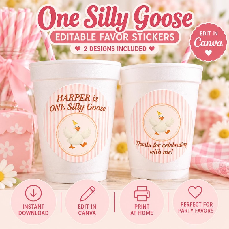 Editable Sticker Card Editable Silly Goose 1st Birthday Favor Stickers, Canva Template ...
