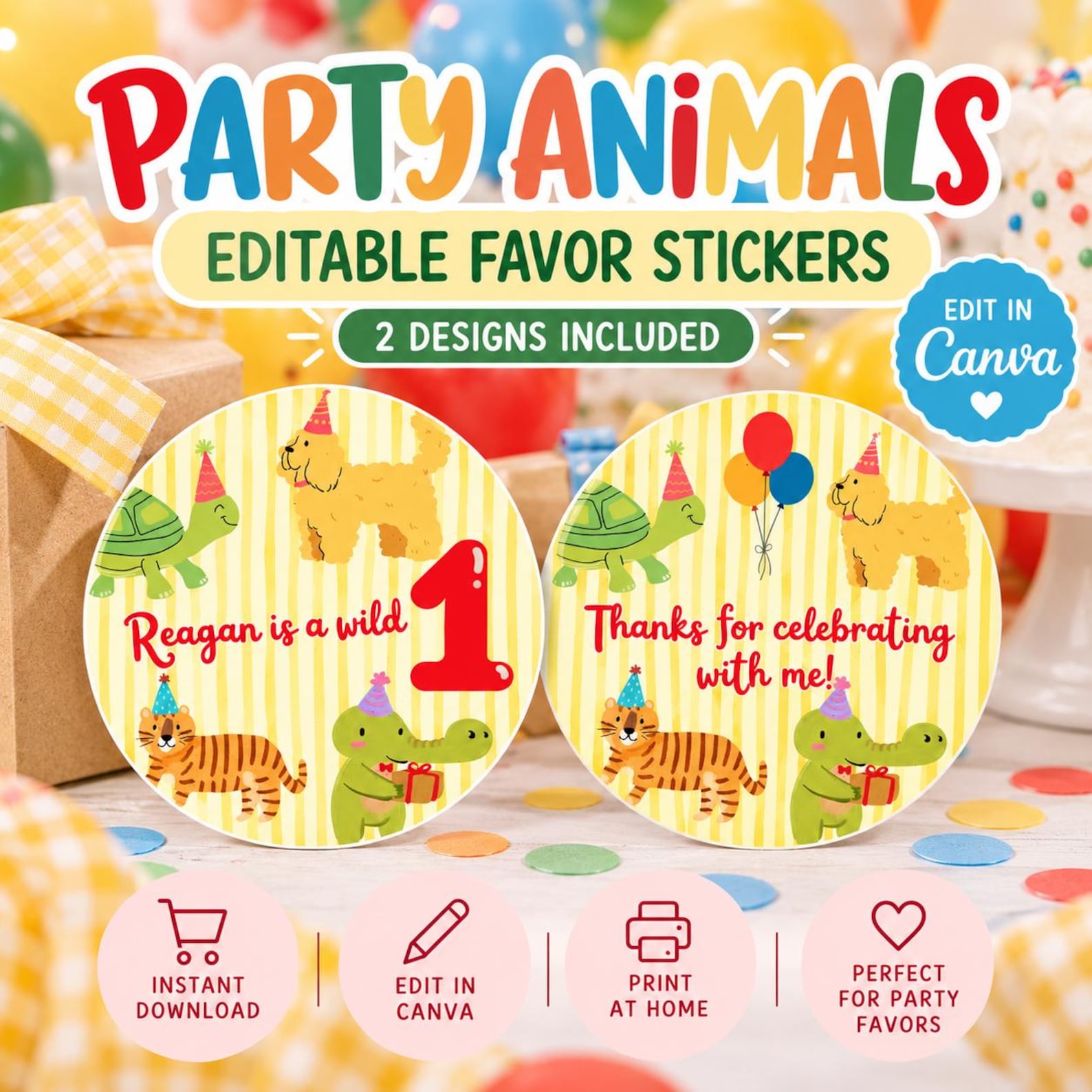 Editable Sticker Card Editable Party Animals Favor Stickers | Wild One First Birthday ...