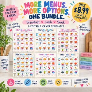 Könnte beinhalten: Ein digitales Set aus sechs bearbeitbaren Canva-Vorlagen zur Essensplanung, das Frühstücks-, Mittags- und Snack-Menüs für Kinder enthält. Die farbenfrohen Tabellen zeigen Lebensmittelillustrationen, Kontrollkästchen und Textbeschriftungen für verschiedene Kategorien.