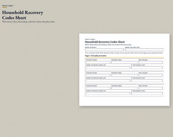 2FA Backup Codes Sheet, Household Recovery Tracker (Digital Download)