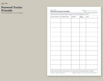 Password Tracker Printable, Login Organizer PDF, Username and Password List for Home