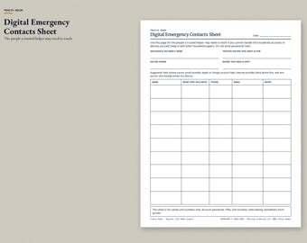 Digital Emergency Contacts Sheet, Trusted Helper Contact List PDF, Household Support Contacts Printable