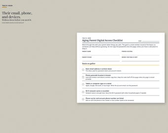 Aging Parent Checklist Printable, Digital Access and Account Organizer for Elderly Parents, Caregiver PDF