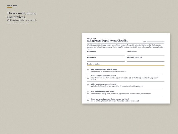 Aging Parent Checklist Printable, Digital Access and Account Organizer for Elderly Parents, Caregiver PDF