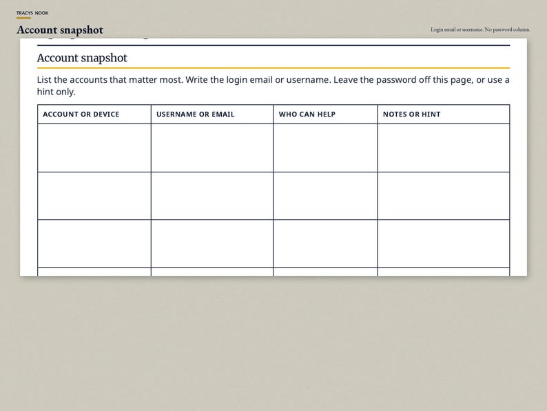 May include: A white paper form titled Account snapshot with instructions to list accounts, login emails, or usernames. The table includes four columns labeled Account or Device, Username or Email, Who Can Help, and Notes or Hint for security.