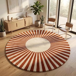 Circular Rust Orange Carpet, Cream Striped Pattern Rug, Organic Modern Living Room Decor, Hand Tufted Floor Art, Custom Geometric Round Rug