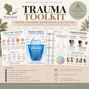 May include: A digital Trauma Toolkit featuring worksheets and activities for mental health professionals. The document includes sections on values, a trauma iceberg with core beliefs, a body scan exercise, and cognitive defusion techniques.