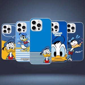 May include: Five smartphone cases featuring Donald Duck graphics in various blue, white, and yellow color schemes. The designs include striped patterns, solid blue backgrounds, and character illustrations with the text Donald Duck and mua.