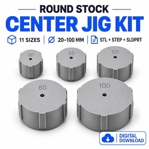May include: A Round Stock Center Jig Kit digital download featuring 11 sizes ranging from 20-100 mm. The set includes five grey cylindrical jigs with vertical side ribs and centre holes, labelled with their respective sizes: 20, 35, 50, 80, and 100.