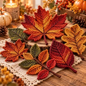 May include: A collection of crocheted autumn leaves in various shapes and sizes, featuring vibrant colors including deep red, burnt orange, golden yellow, and forest green. The set includes individual maple, oak, and multi-leaf branch designs.