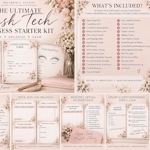 May include: A 30-page lash tech business starter kit featuring printable forms, trackers, and templates. The documents have a soft pink floral theme and include sections for client intake, consultation, lash mapping, income, and expense tracking.