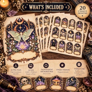May include: A collection of digital printable labels featuring 20 unique designs with celestial, botanical, and mystical motifs including moths, skulls, owls, and crystals. The set includes PNG files with transparent backgrounds in A4 size.